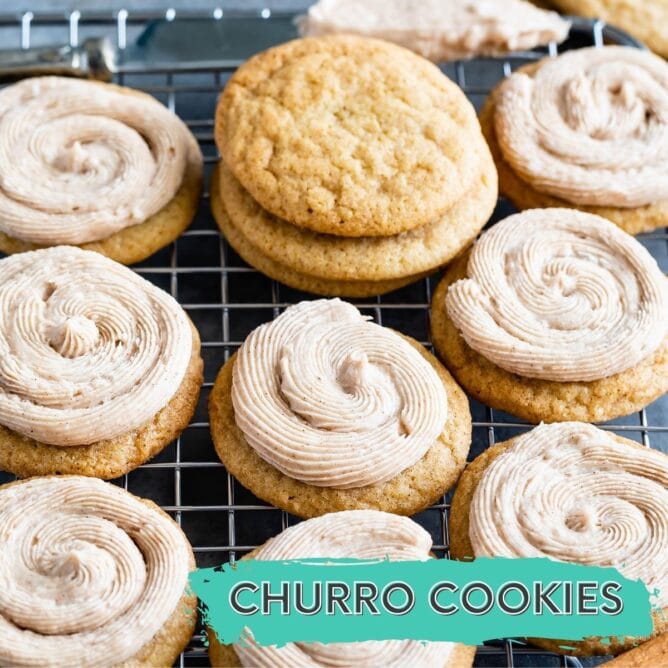 churro cookies on a rack with frosting