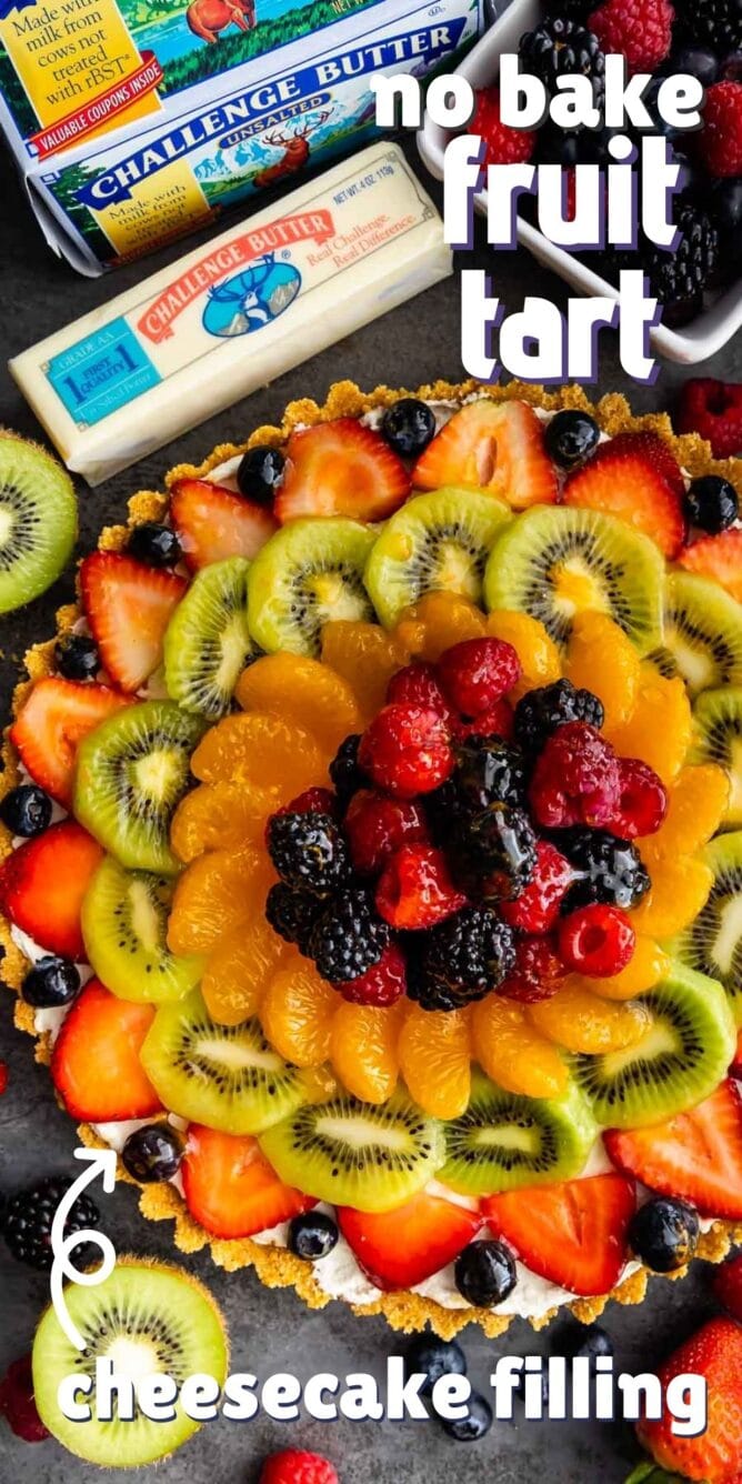 Overhead shot of no bake fruit tart with ingredients around it and recipe title on top of photo