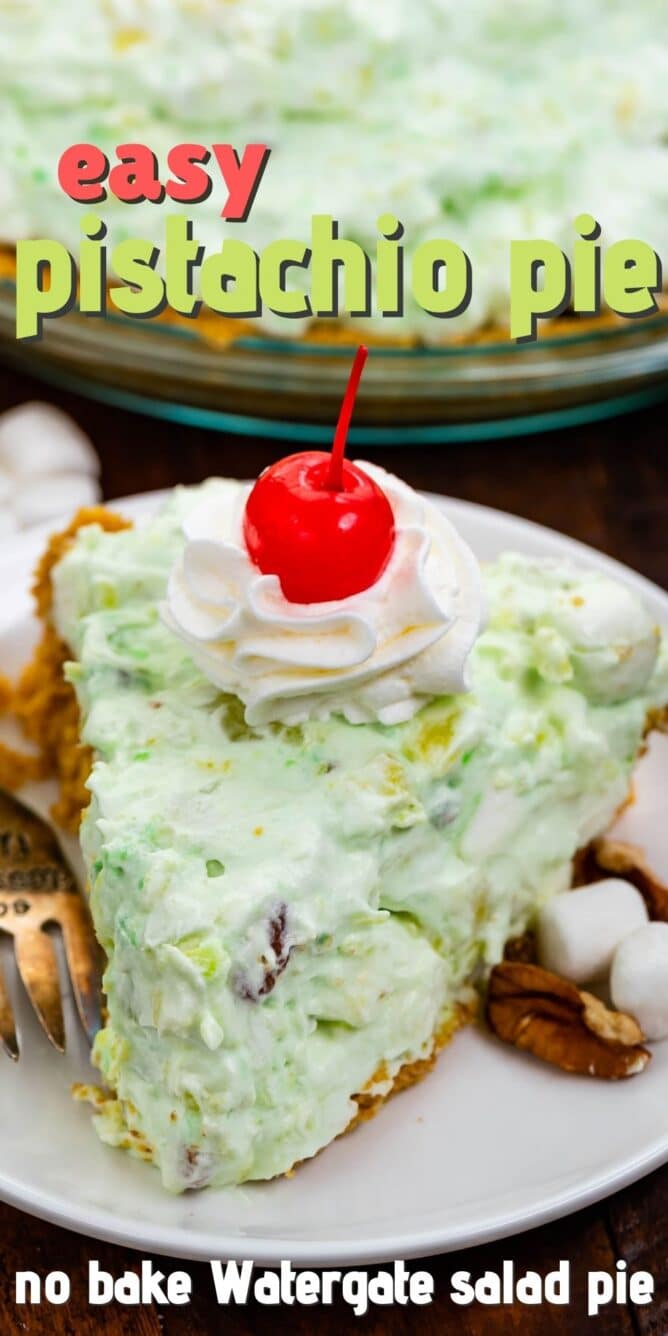 slice of pie filled with Watergate salad on white plate