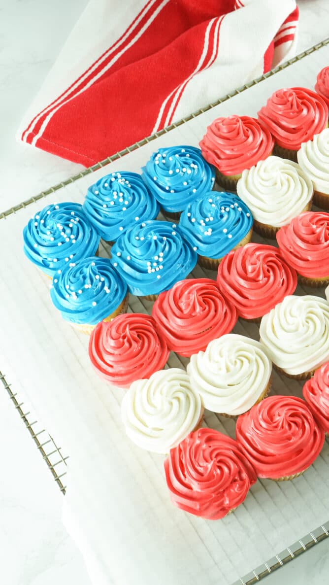 Side shot of american flag cupcake cake