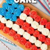 Overhead shot of american flag cupcake cake next to patriotic toppings and straws