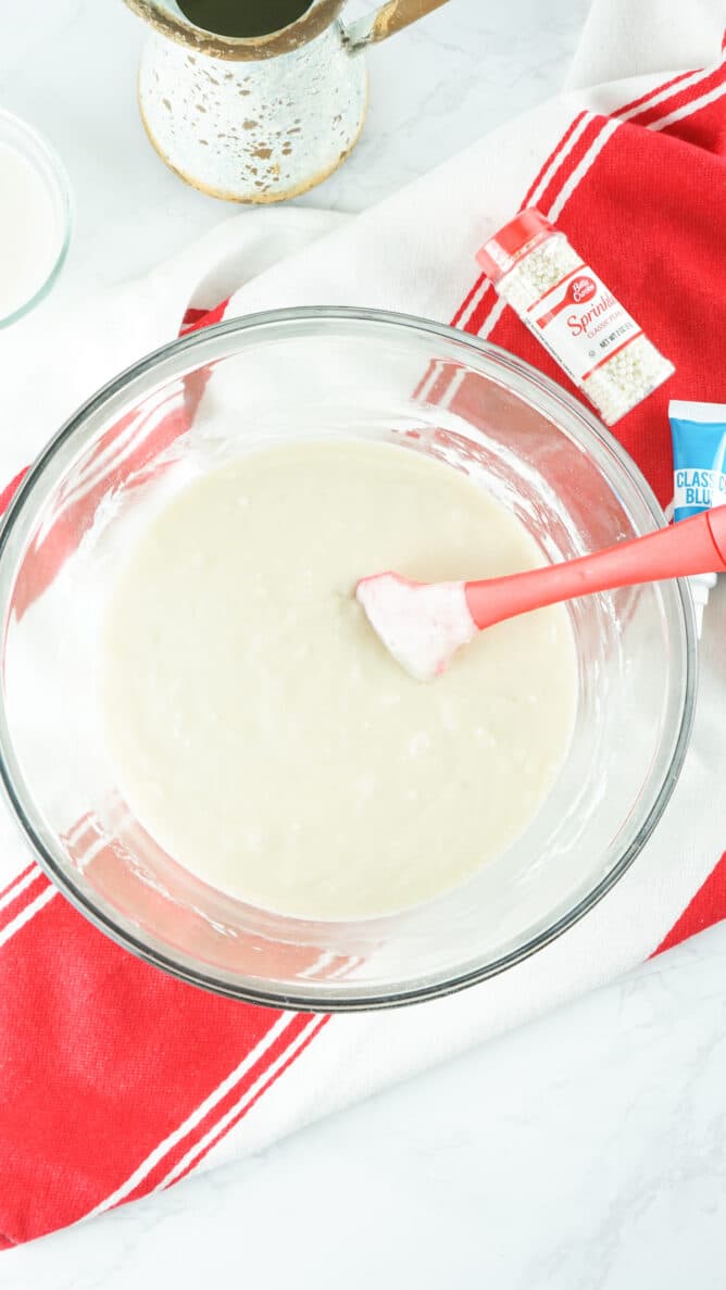 Overhead shot of mixing bowl full of vanilla cupcake batter