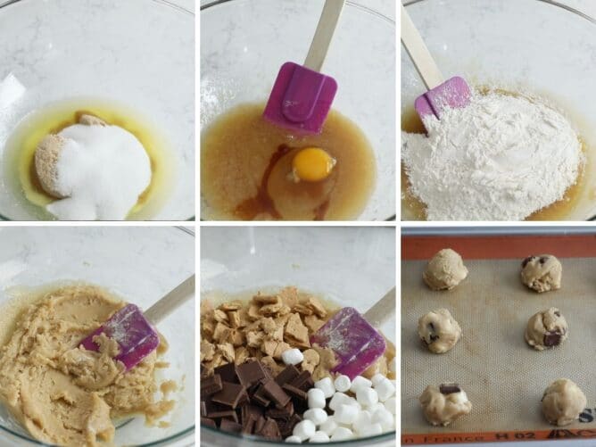 Six photo collage showing the process of making s'mores cookies