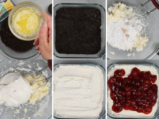 6 photos showing how to make cherry cheesecake