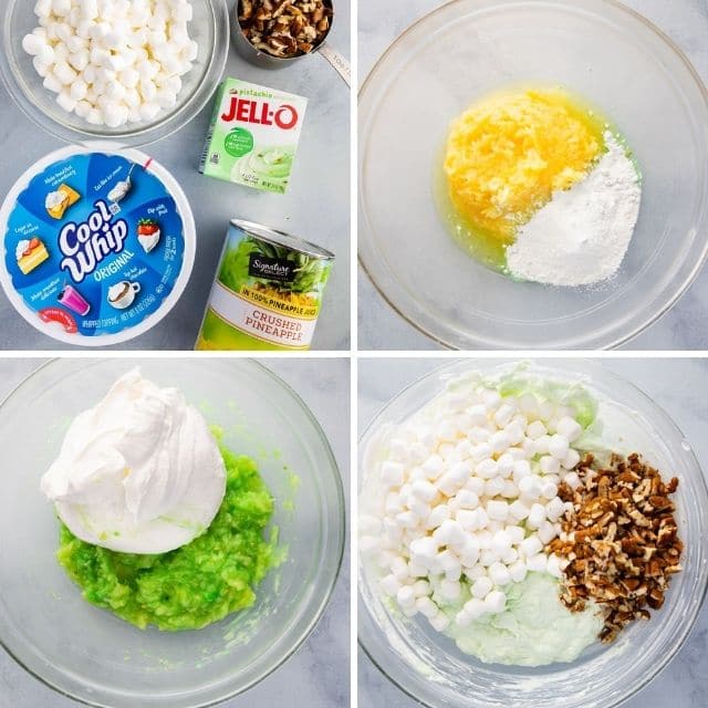 collage of 4 photos showing how to make pistachio fluff salad