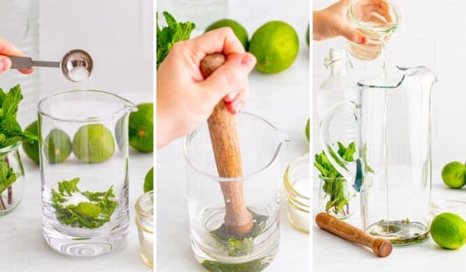 Three photo collage showing first steps to making a mojito