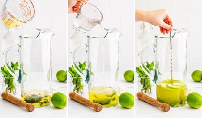 Three photo collage showing second steps in making pitcher mojitos