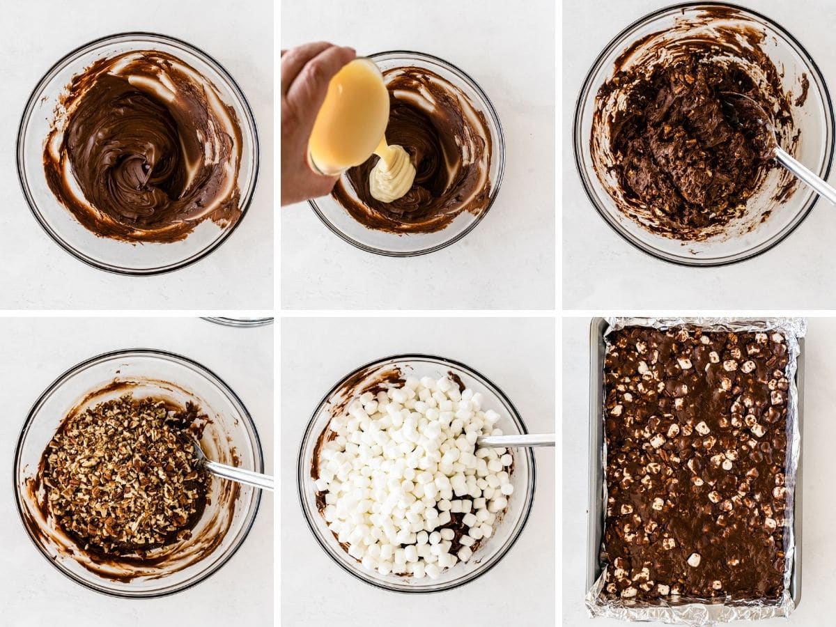 Six photo collage showing the process of making easy rocky road bars