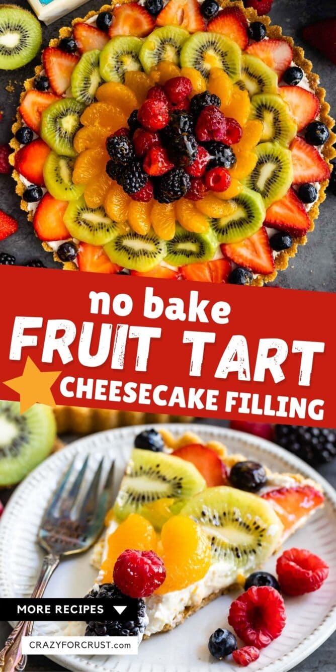 Photo collage of no bake fruit tart with recipe title in the middle of two photos