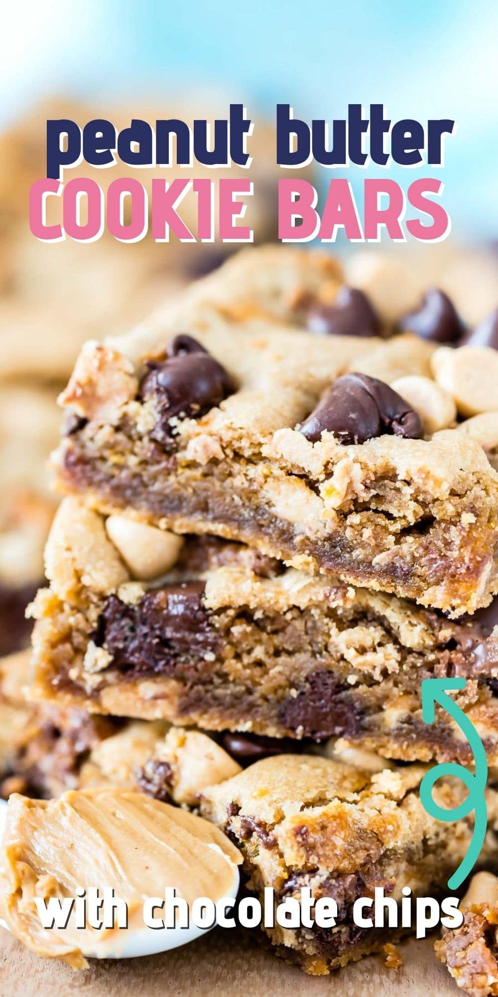 Stack of peanut butter cookie bars with recipe title on top of image