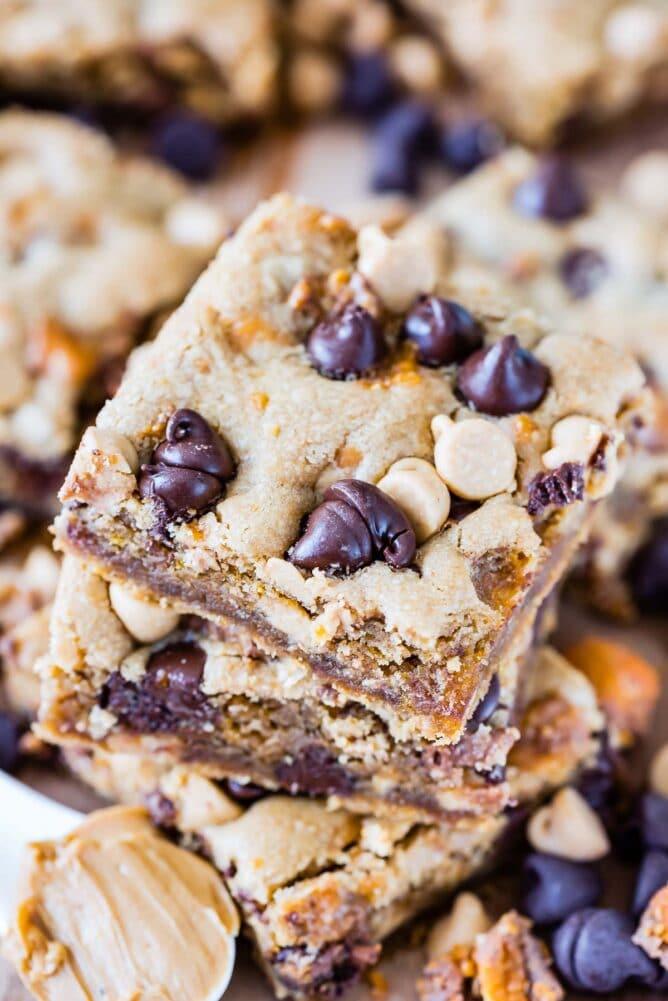 Overhead shot of stacked peanut butter cookie bars