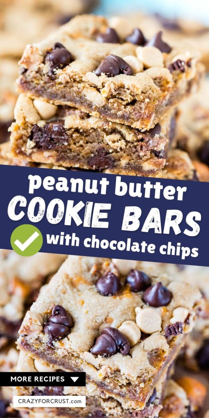 Photo collage of peanut butter cookie bars with recipe title in middle of photos