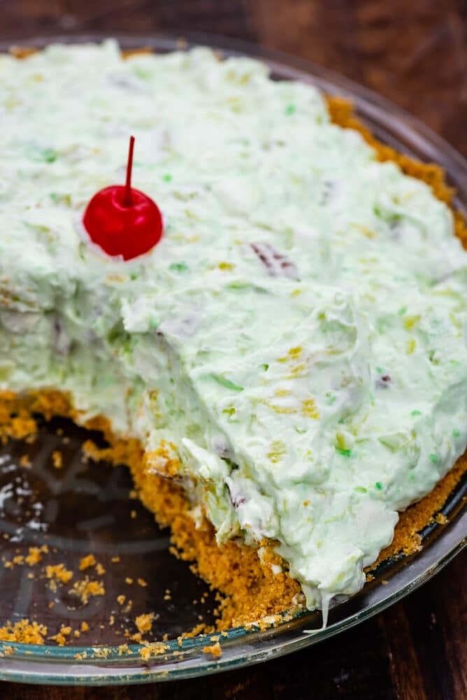 close up of pie with pistachio pudding filling