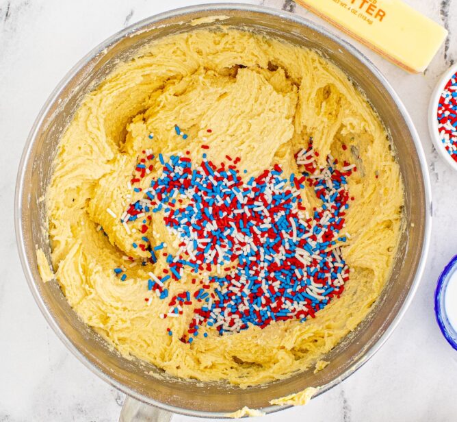 cookie dough in bowl with sprinkles