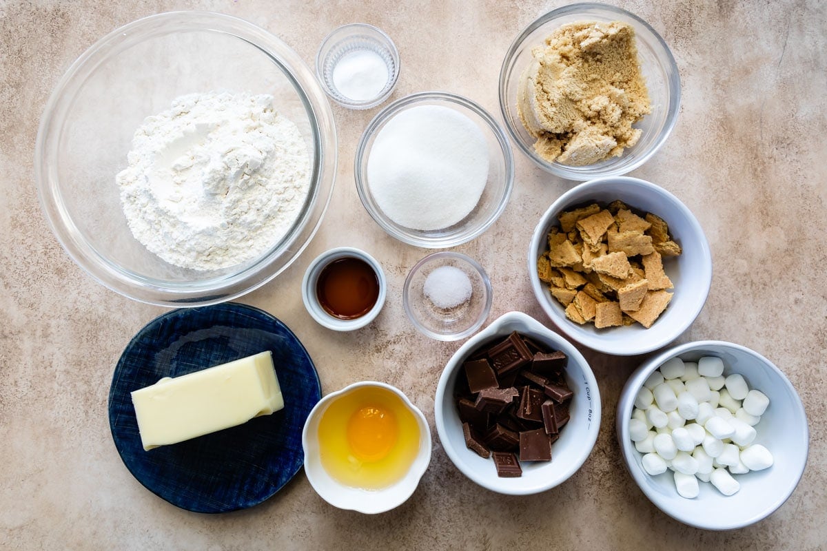 Overhead shot of all the measured ingredients needed to make s'mores cookies
