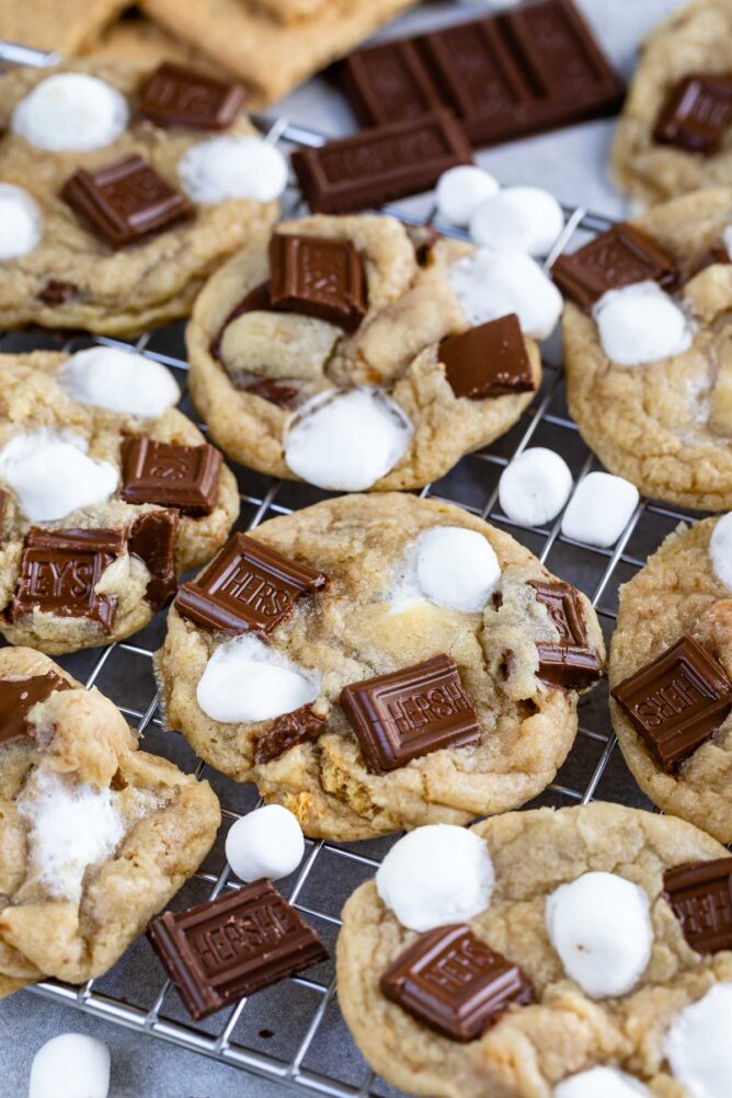 Close up shot of s'mores cookies on a metal cooling rack
