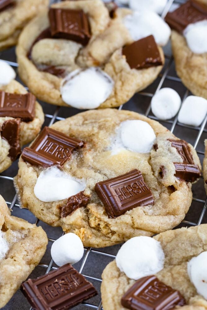 Close up shot of s'mores cookies on a metal cooling rack