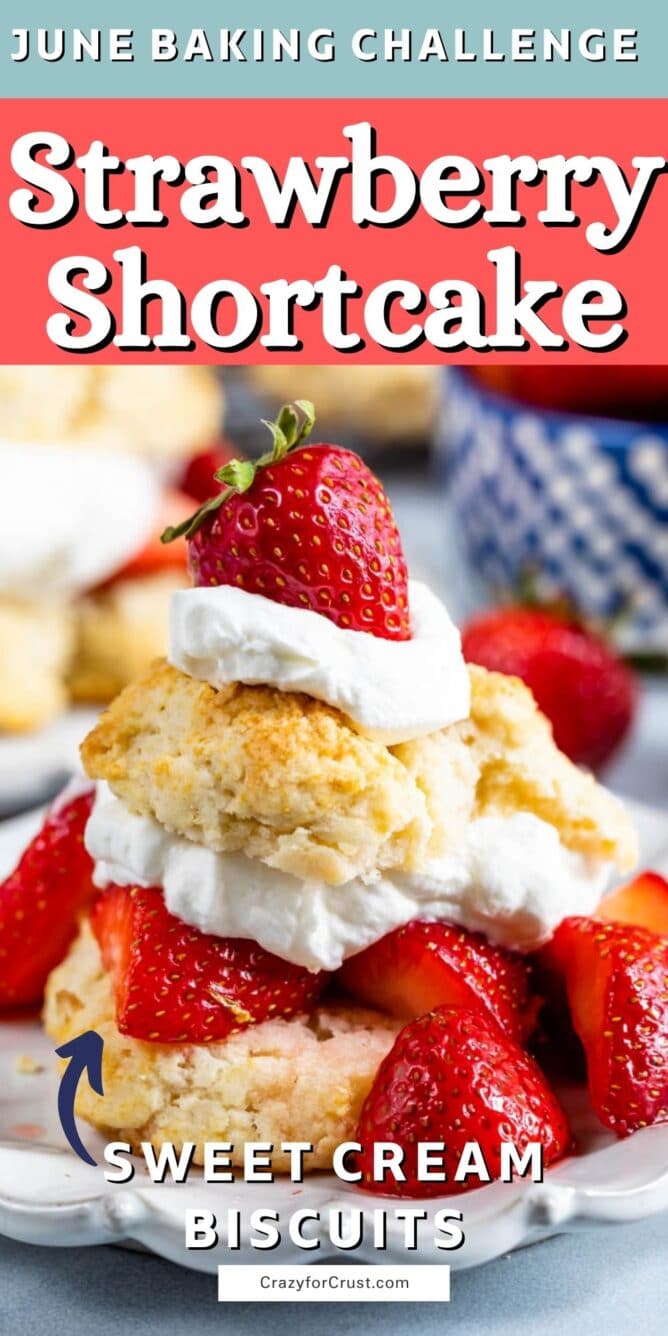 strawberry shortcake with biscuits on white plate and words on photo