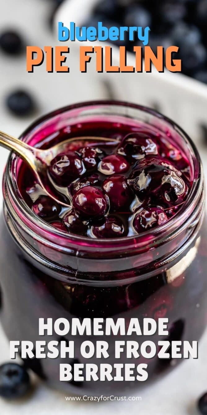 Blueberry pie filling in a small mason jar with spoon coming out of it with recipe title on top of image