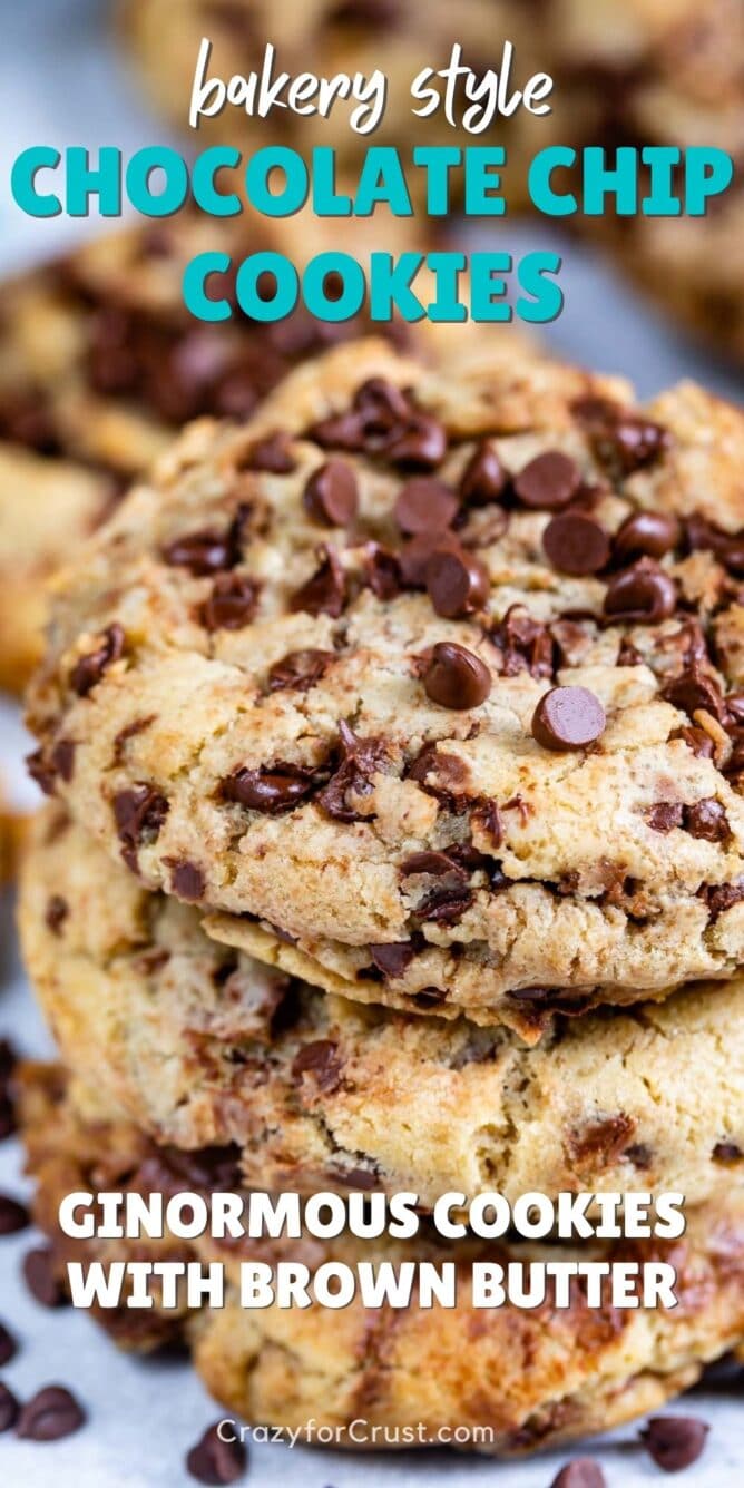 Stack of bakery style chocolate chip cookies with recipe title on top of image