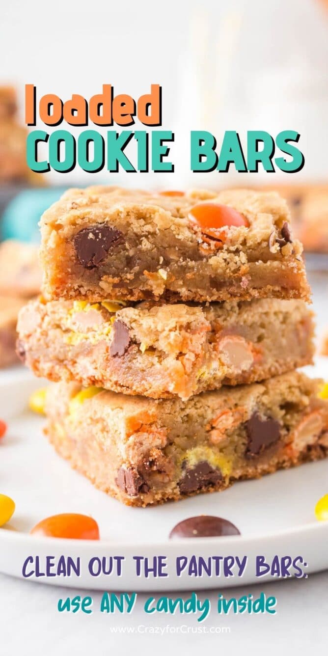 Three loaded cookie bars with recipe title on top of image