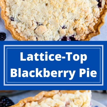 Blackberry pie with crumble topping collage with recipe title in middle of two photos