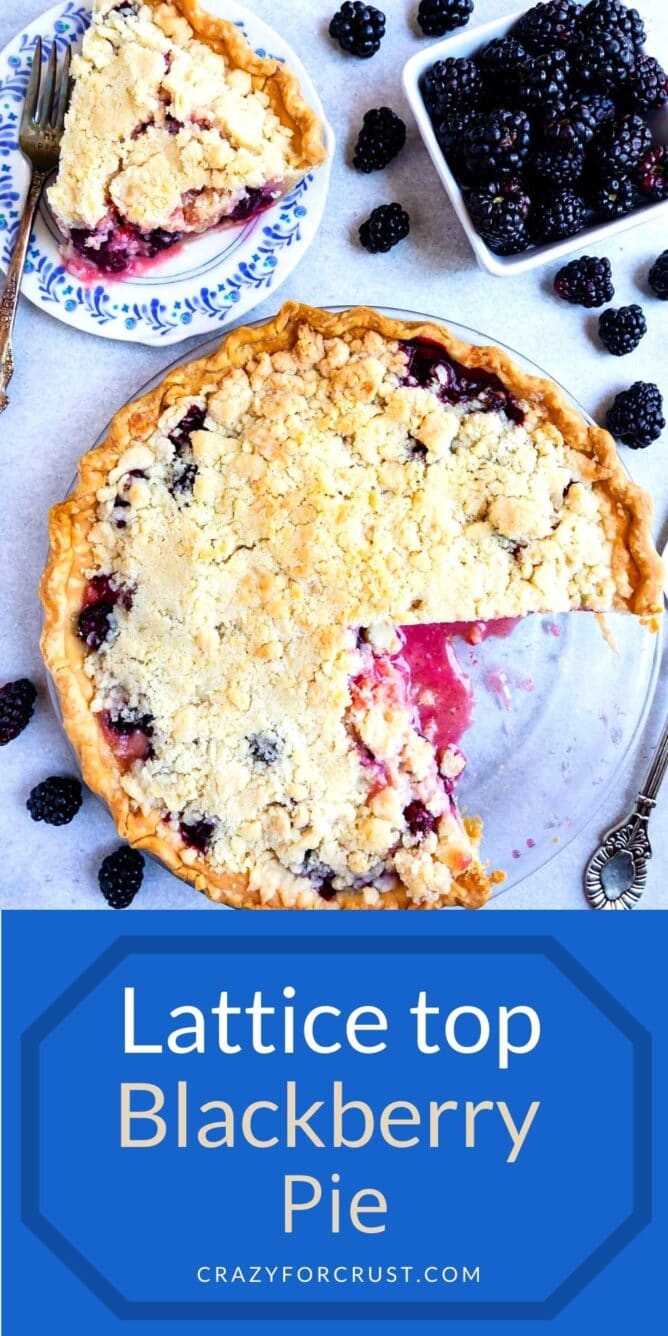 Overhead shot of blackberry pie with a crumble topping with one slice on a plate with recipe title on bottom of photo