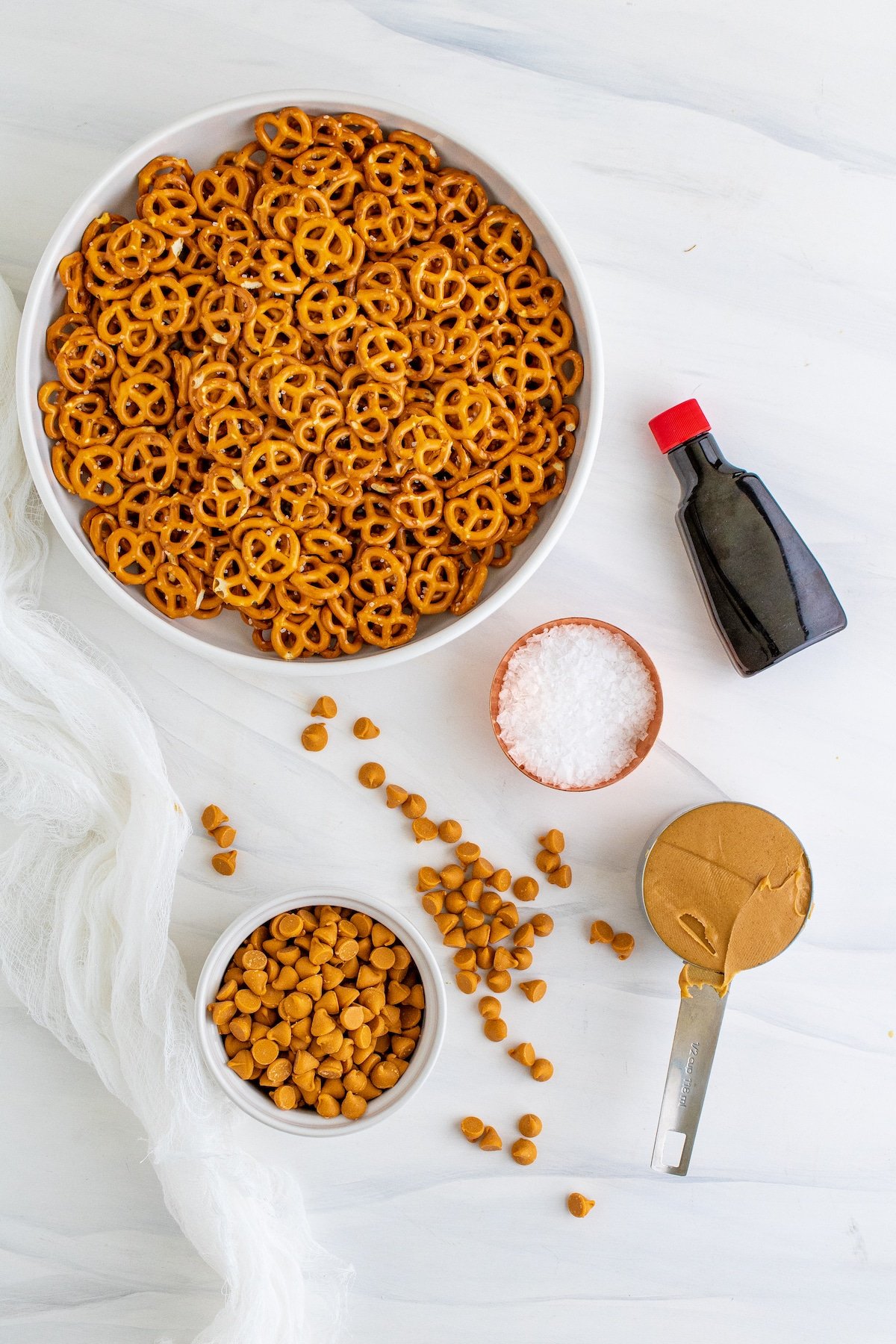 Overhead shot of all ingredients needed to make no bake pretzel cookies