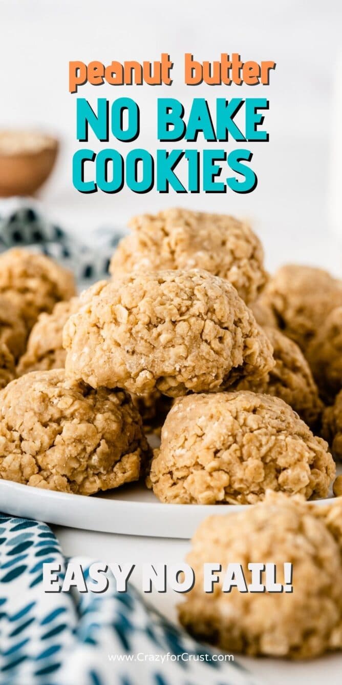 Peanut butter no bake cookies on a white plate with recipe title on top of image