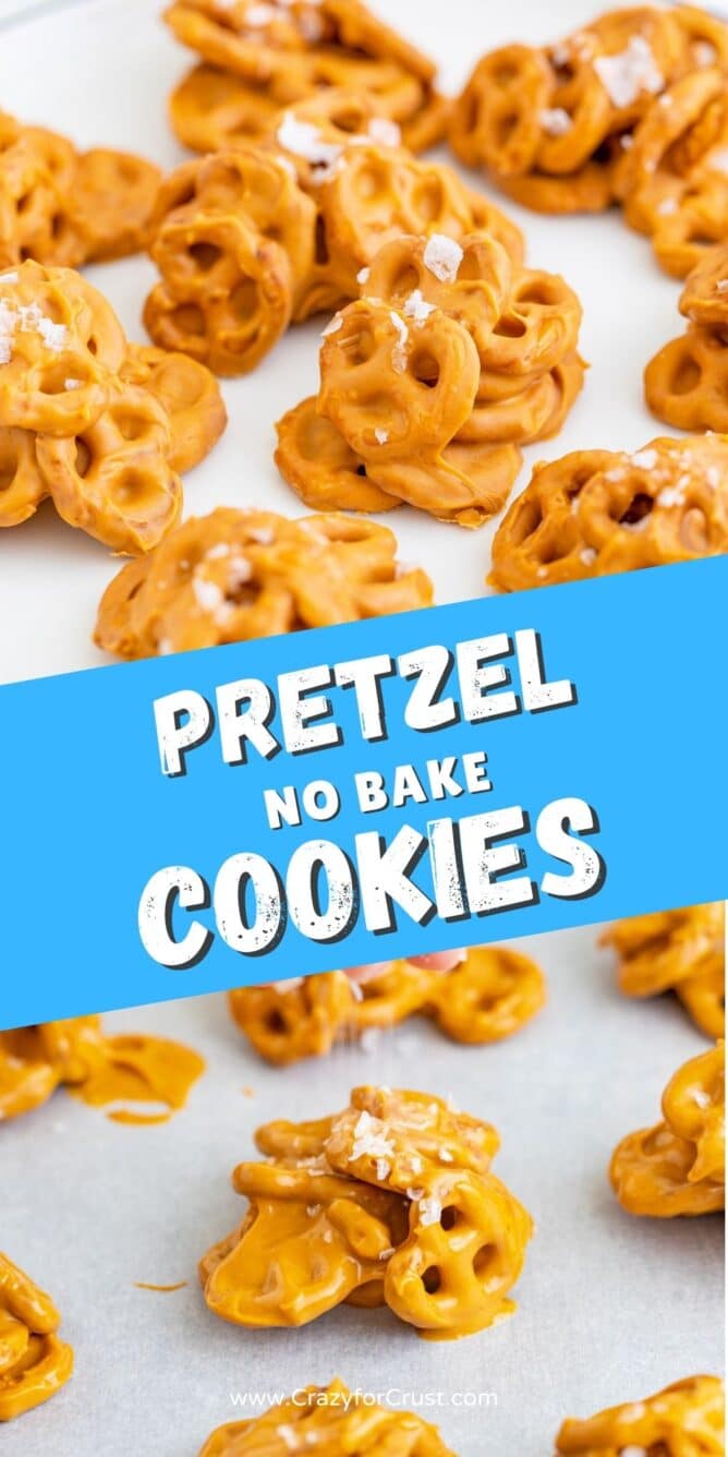 Photo collage of no bake pretzel cookies with recipe title in middle of photo