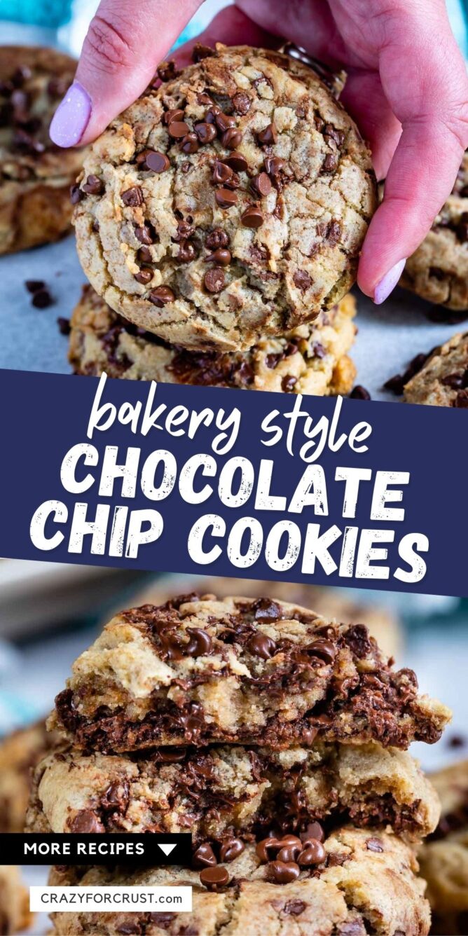 Photo collage of bakery style chocolate chip cookies with recipe title in the middle