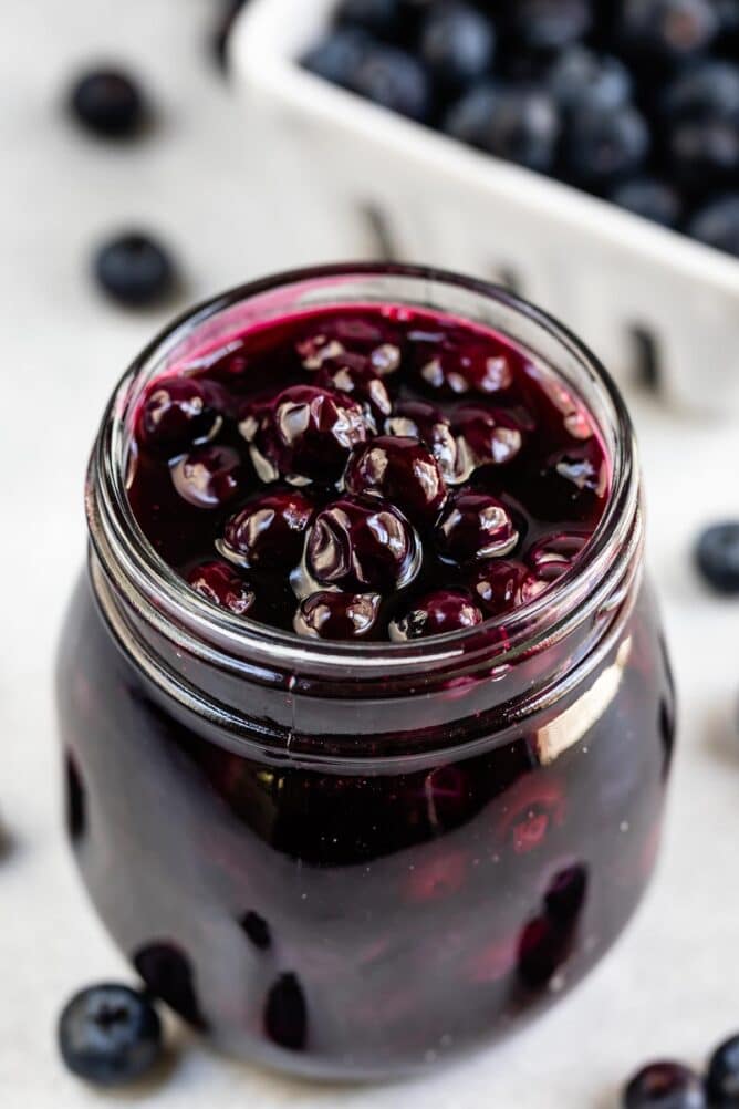 Blueberry pie filling in a small mason jar