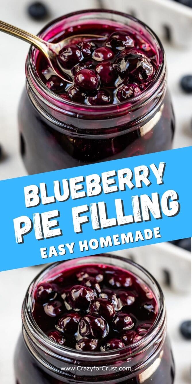 Photo collage of blueberry pie filling with recipe title in middle of two photos