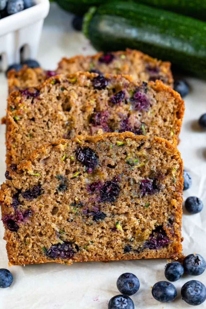 Three slices of blueberry zucchini bread with blueberries around it
