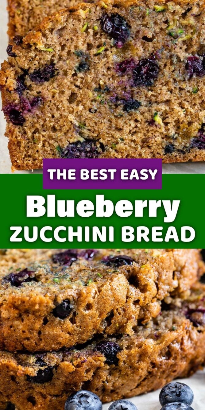 2 photos of blueberry zucchini bread with words between photos