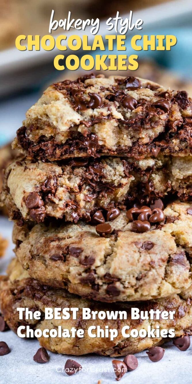 Stack of bakery style chocolate chip cookies with recipe title on top of image