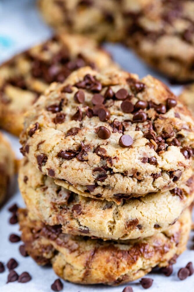 Stack of bakery style chocolate chip cookies