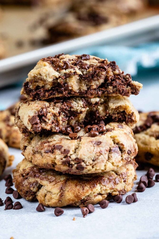 Stack of bakery style chocolate chip cookies