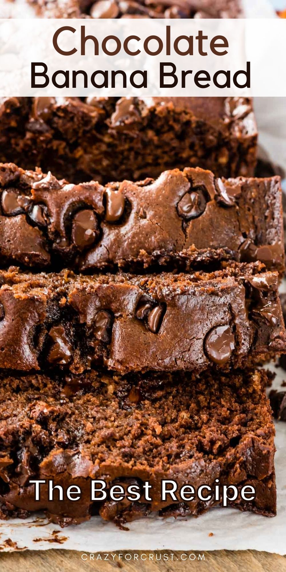 Overhead shot of sliced triple chocolate banana bread loaf with recipe title on top of image