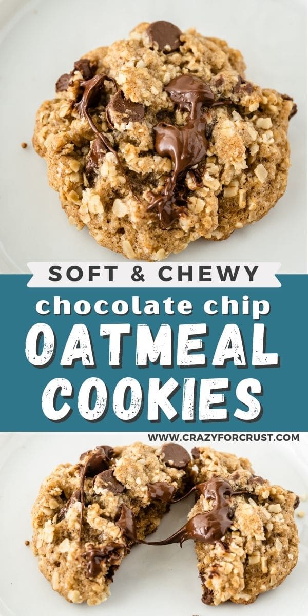 Collage of oatmeal chocolate chip cookies with recipe title in the middle