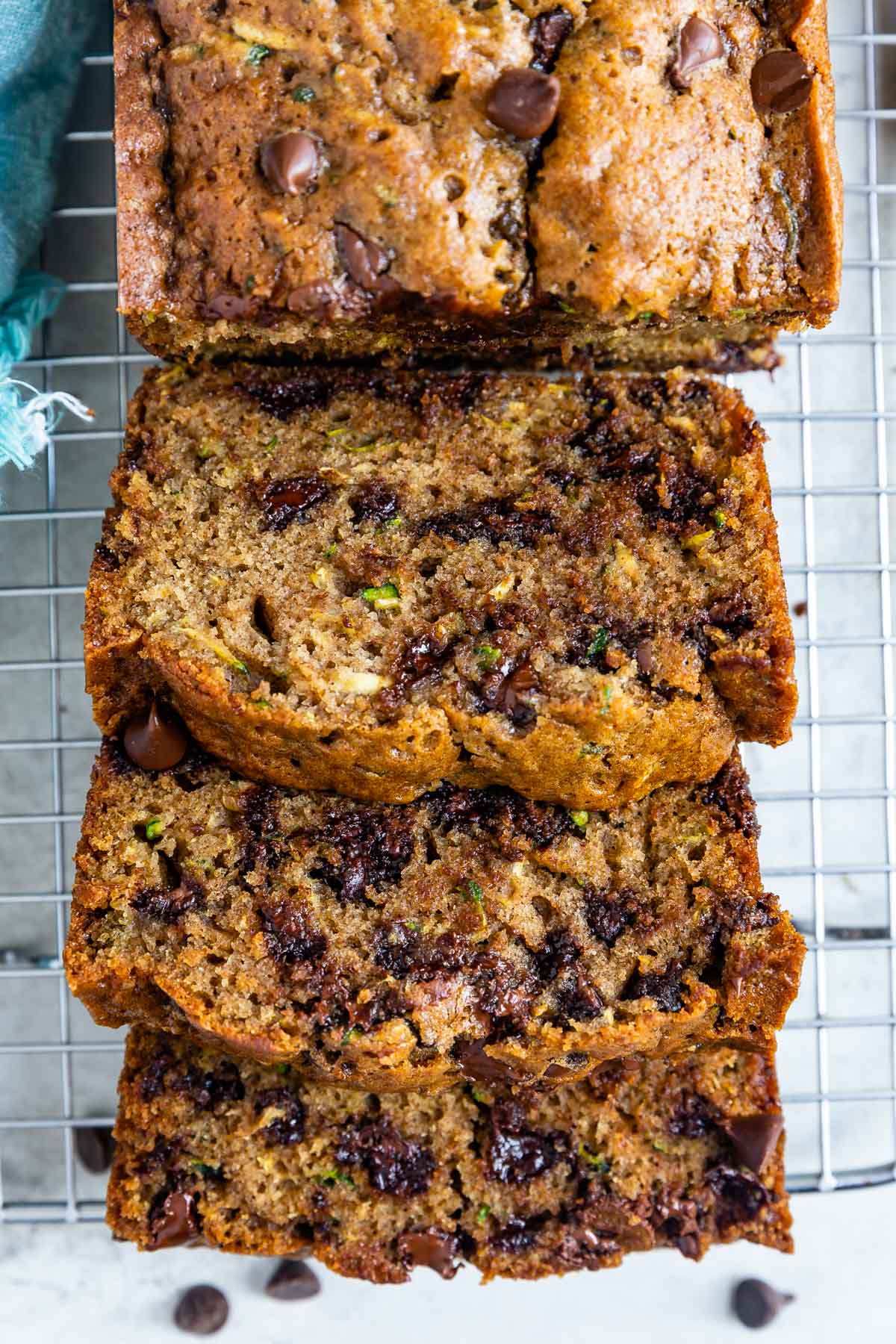 overhead shot of sliced zucchini bread