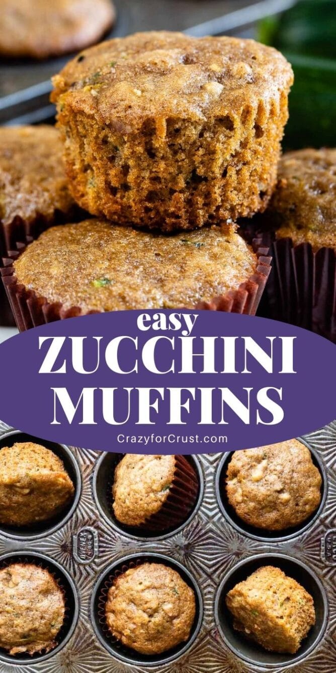 Zucchini Muffins collage with recipe title in the middle of two photos