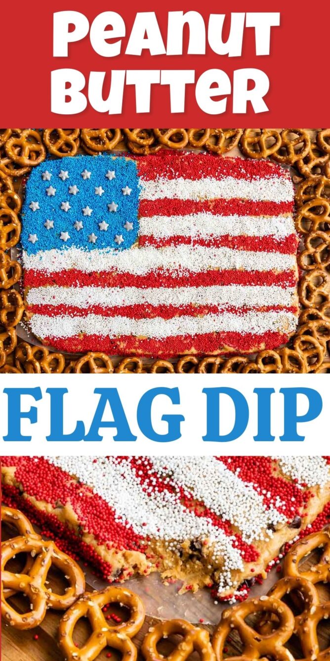 Photo collage of peanut butter flag dip with recipe title in middle