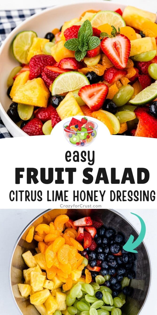 Photo collage of fruit salad with recipe title in the middle of photos