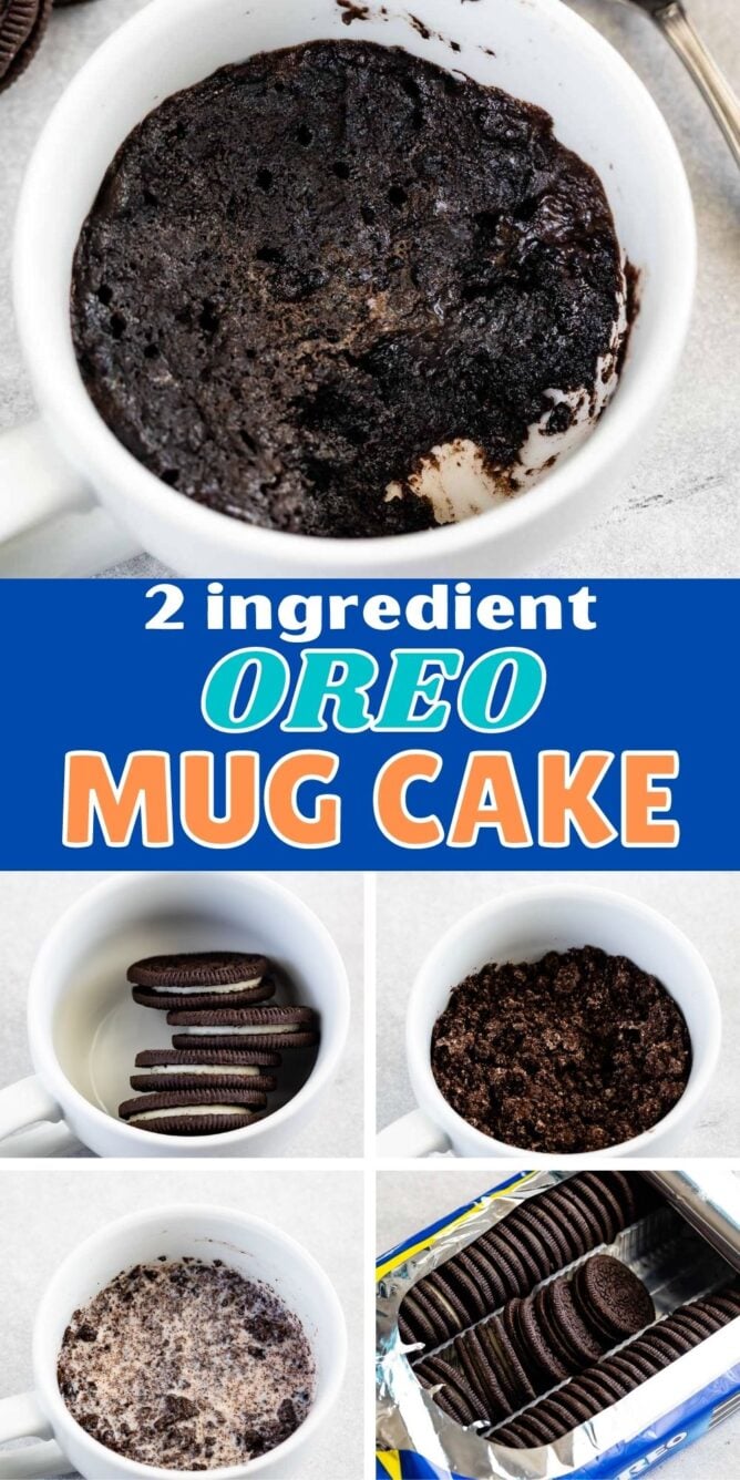 Photo collage of Oreo Mug Cake with recipe title in the midde of two photos