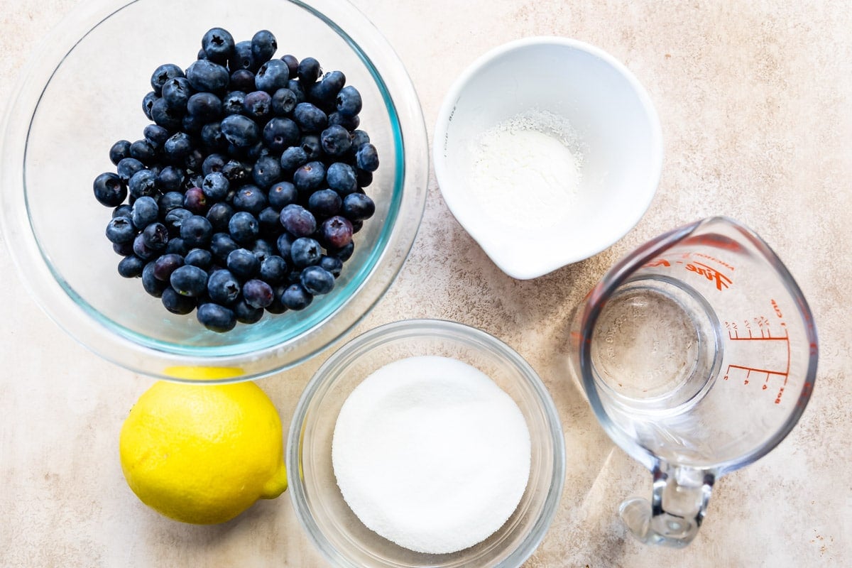 Overhead shot of measured ingredients needed to make blueberry filling