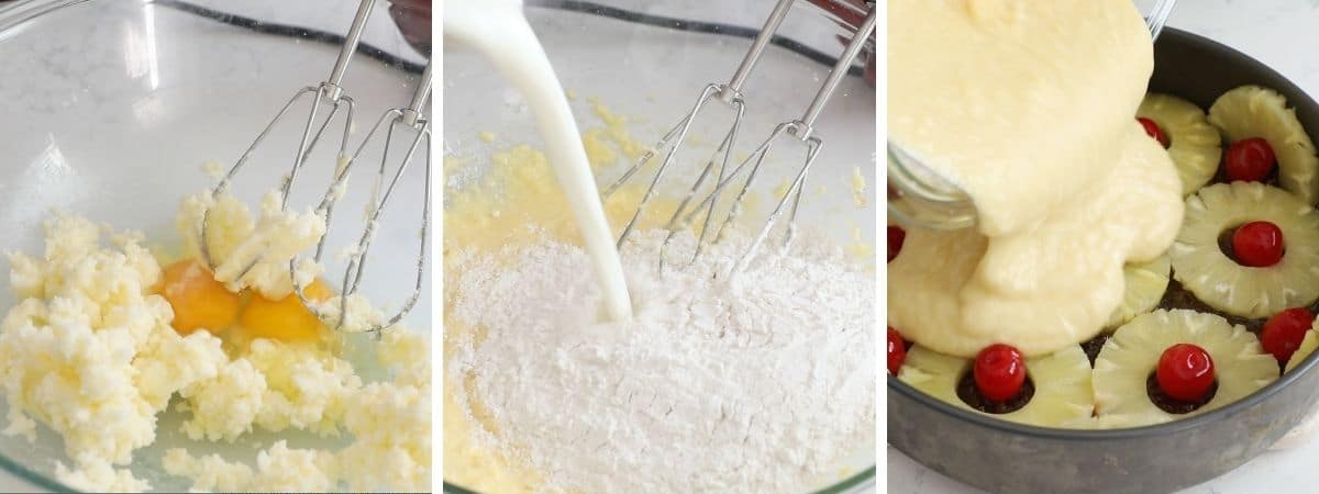 3 photos showing how to make cake