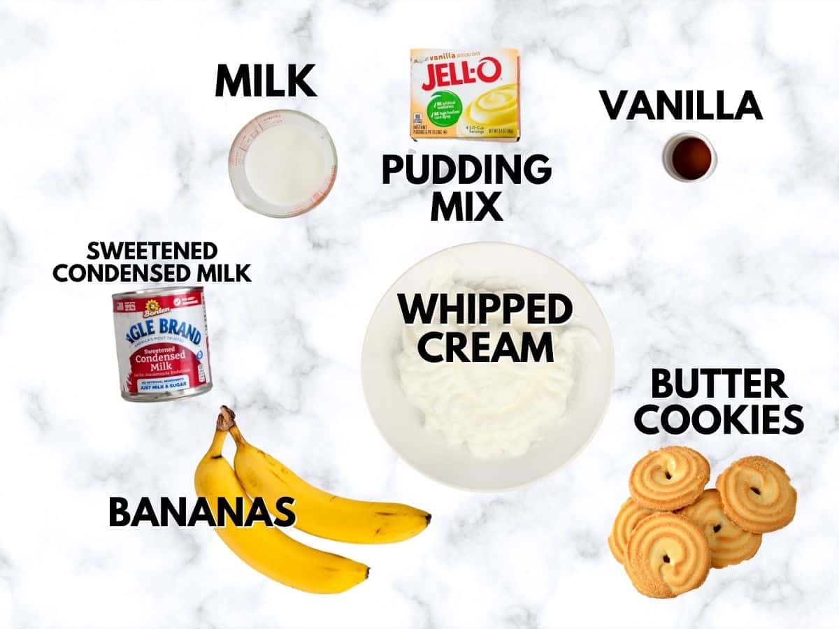 ingredients in pudding on marble background.