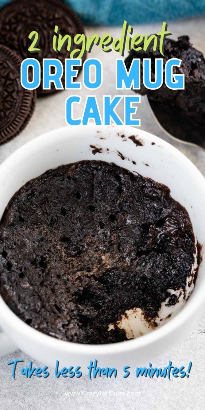 Overhead shot of Oreo mug cake with recipe title on top of image