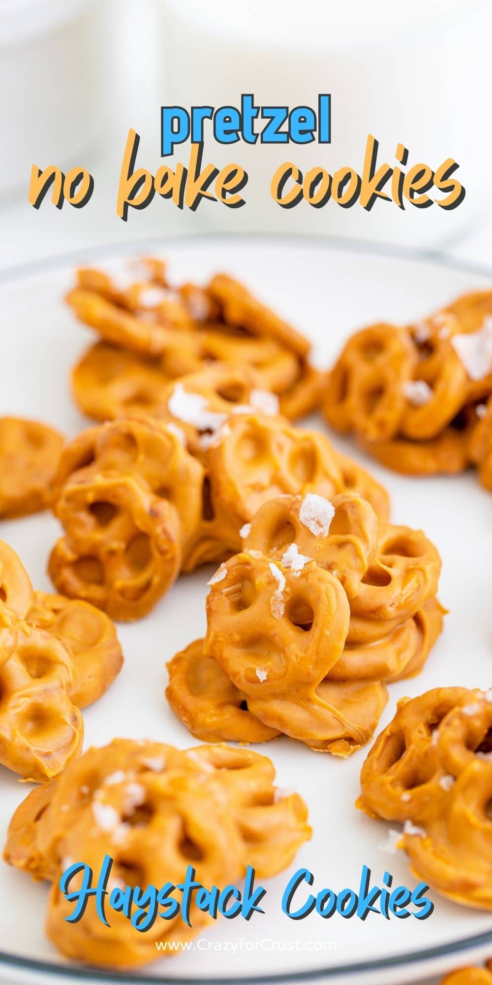 Close up of no bake pretzel cookies on a plate with recipe title on top of image